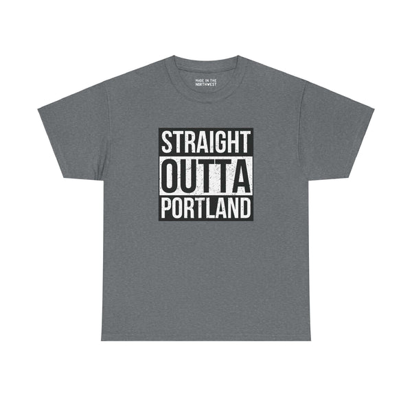 Gray "Straight Outta Portland" graphic tee, bold lettering, city pride, inspired by streetwear style.