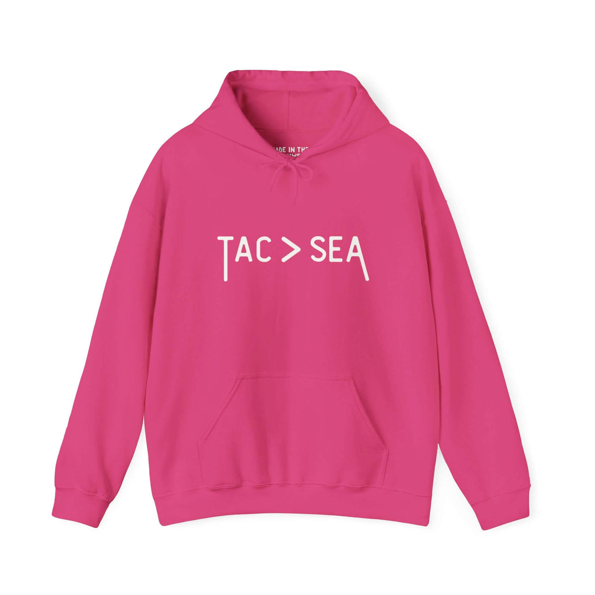 Pink hoodie with 'TAC > SEA' text, representing Tacoma pride and style.