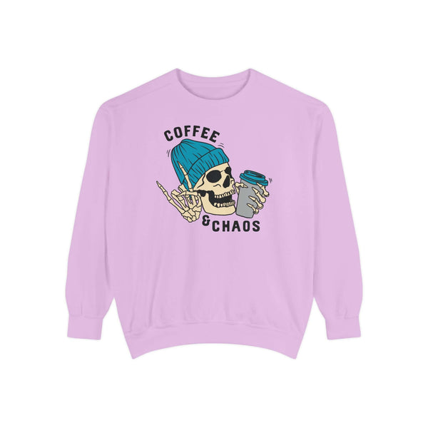 Coffee and Chaos Sweatshirt – Caffeinated Skeleton Crewneck featuring a rebellious skeleton with coffee.