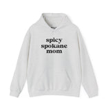 Spicy Spokane Mom cozy hoodie in light gray with bold black text, perfect for active moms.