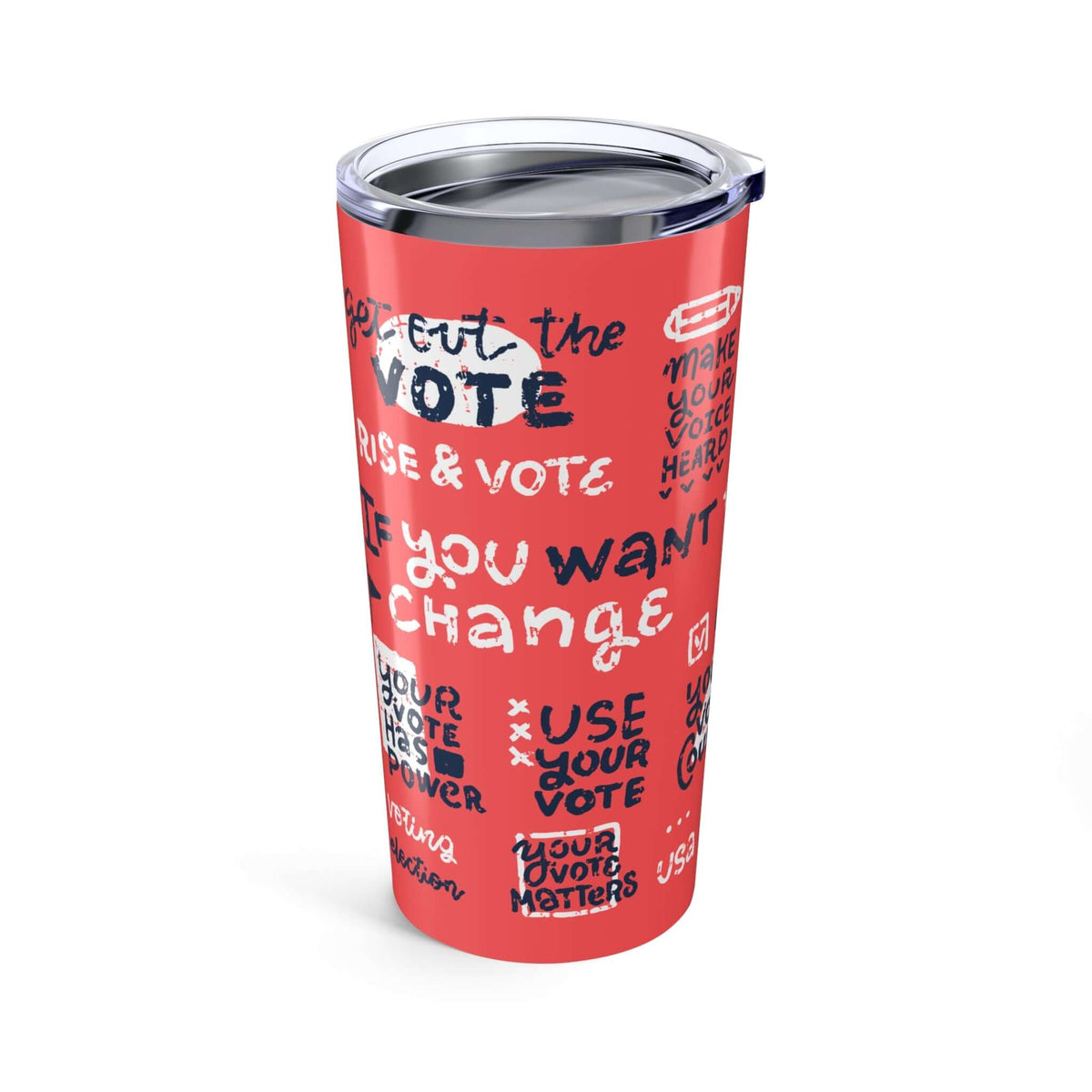 Get Out and Vote Coffee Tumbler featuring bold voting messages on a coral background.
