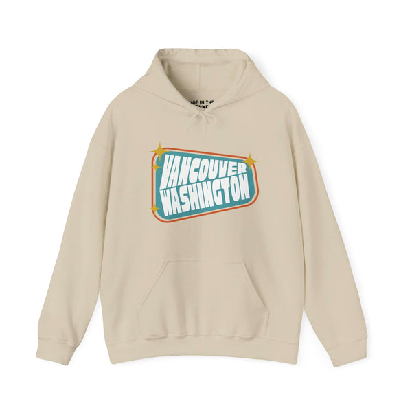 Retro Roadside Vancouver Sign Hoodie in beige with vintage 50s-inspired design and bold colors.