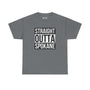 Gray "Straight Outta Spokane" athletic tee with bold white and black text design, showcasing local pride in streetwear style.