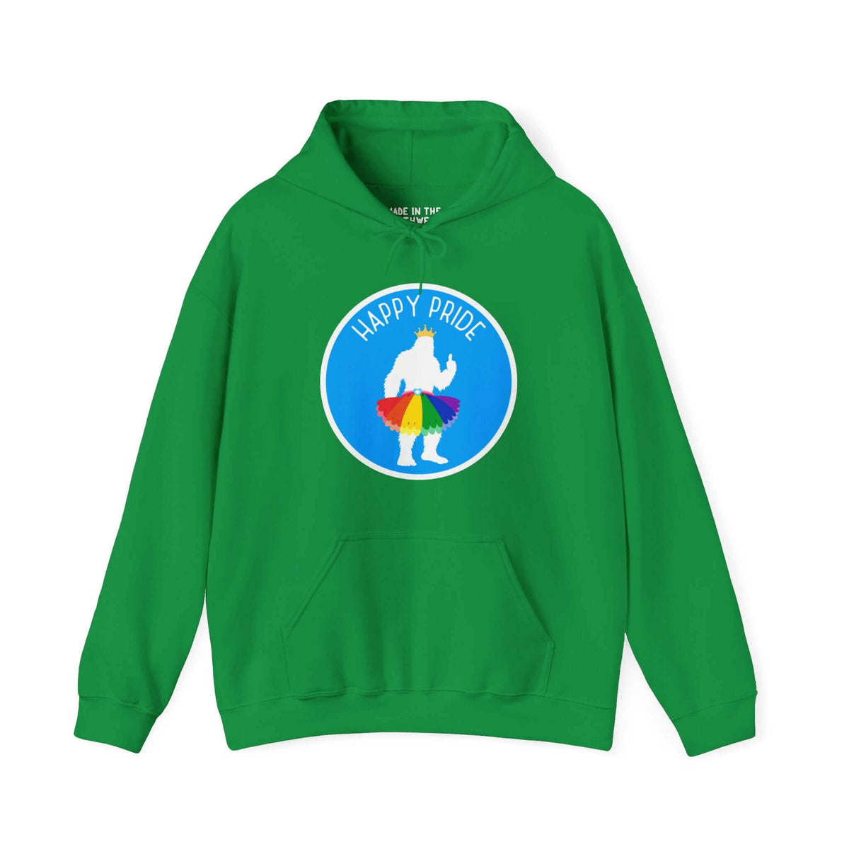 Green hoodie with Bigfoot silhouette in rainbow tutu, crown, and "Happy Pride" text, perfect for celebrating Pride events.