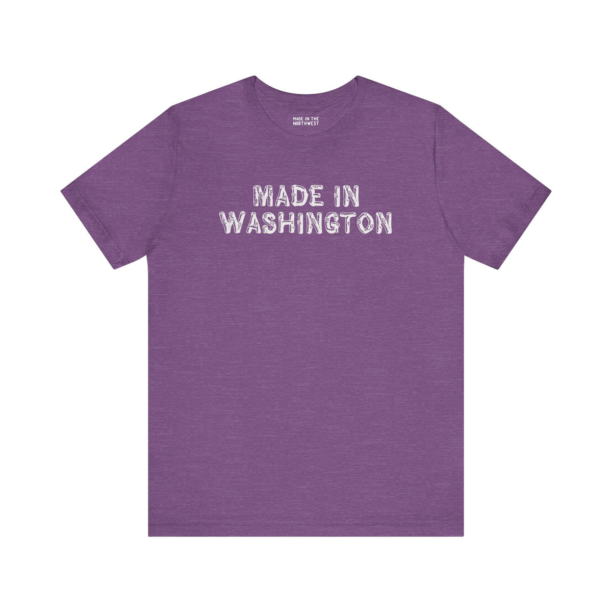 Purple premium soft tee with 'Made in Washington' log font design, perfect for Pacific Northwest pride.