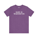 Purple premium soft tee with 'Made in Washington' log font design, perfect for Pacific Northwest pride.