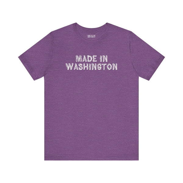 Purple premium soft tee with 'Made in Washington' log font design, perfect for Pacific Northwest pride.