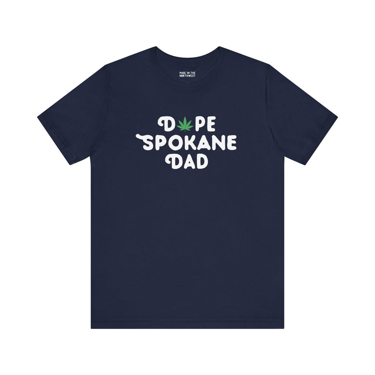 Dope Spokane Dad premium soft tee with playful marijuana leaf in navy blue, perfect for cool dads embracing local vibes.