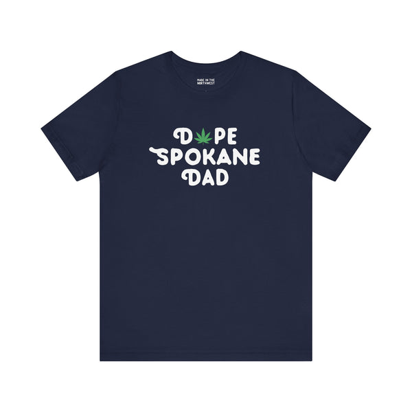 Dope Spokane Dad premium soft tee with playful marijuana leaf in navy blue, perfect for cool dads embracing local vibes.