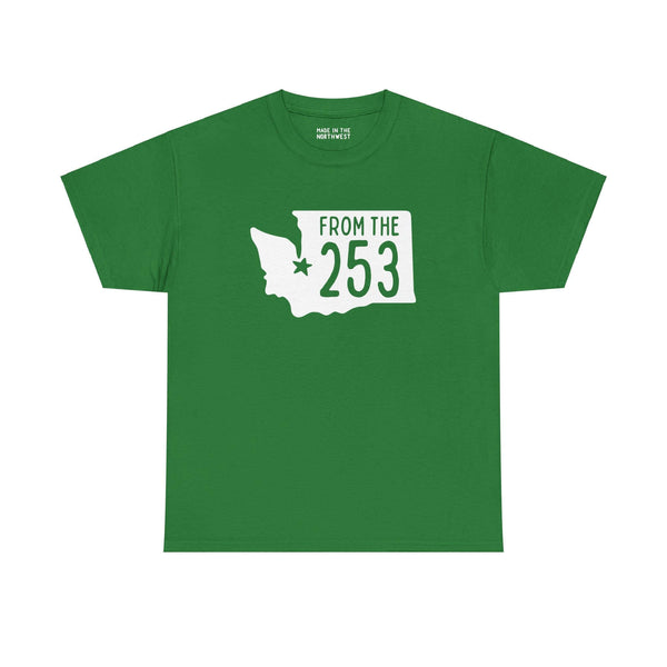 Green "From the 253" athletic tee with Washington state silhouette and Tacoma star, showcasing local pride and area code.