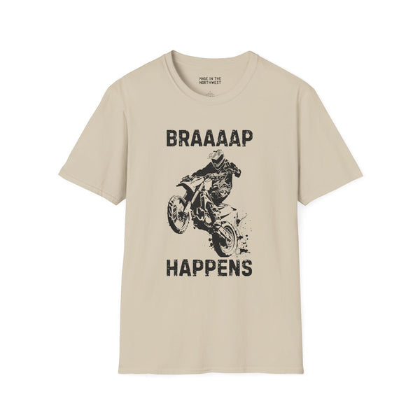 Braaaap Happens motocross softstyle t-shirt featuring a biker in action on a beige background.