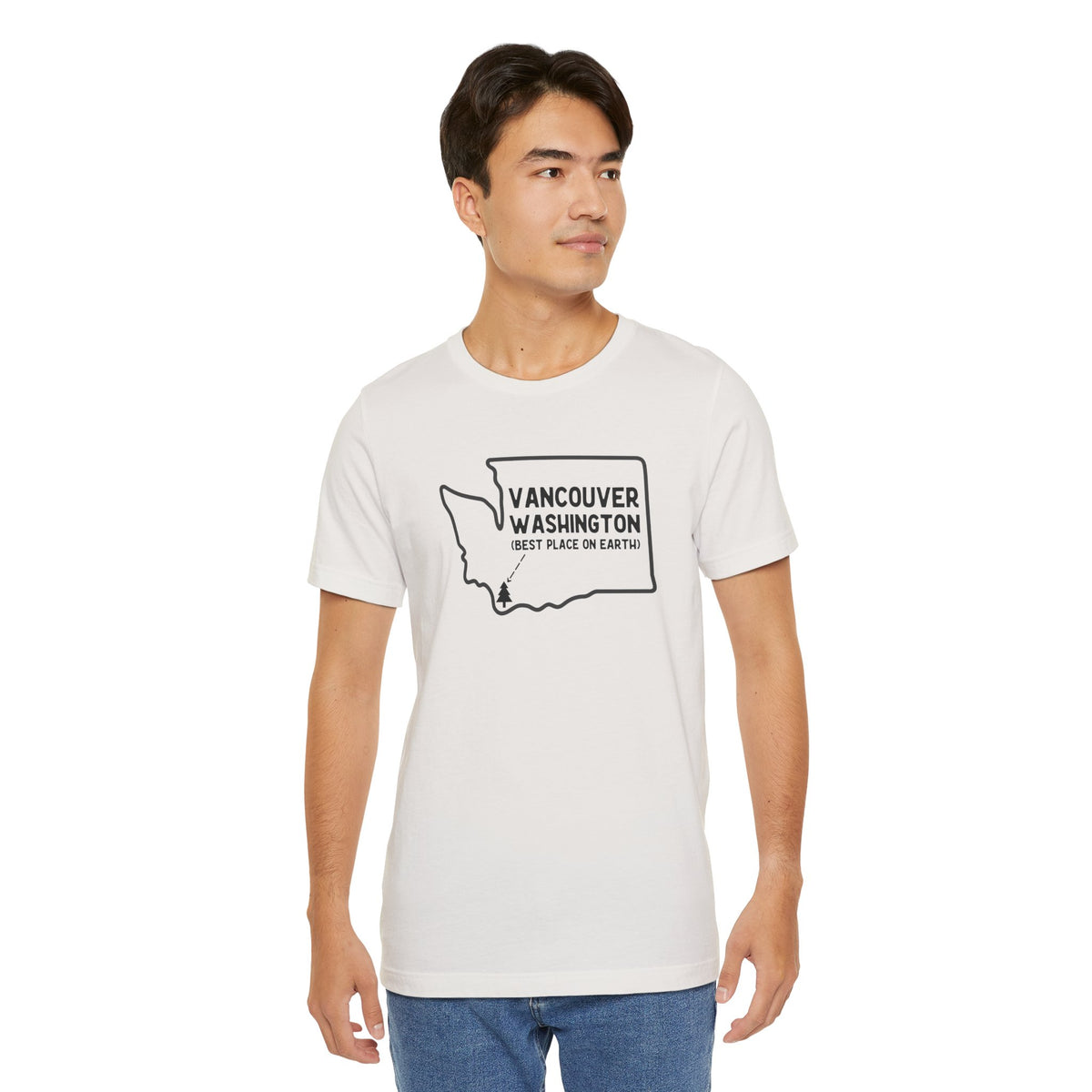 Man wearing Vancouver Washington best place on earth premium soft tee, showcasing state outline design.