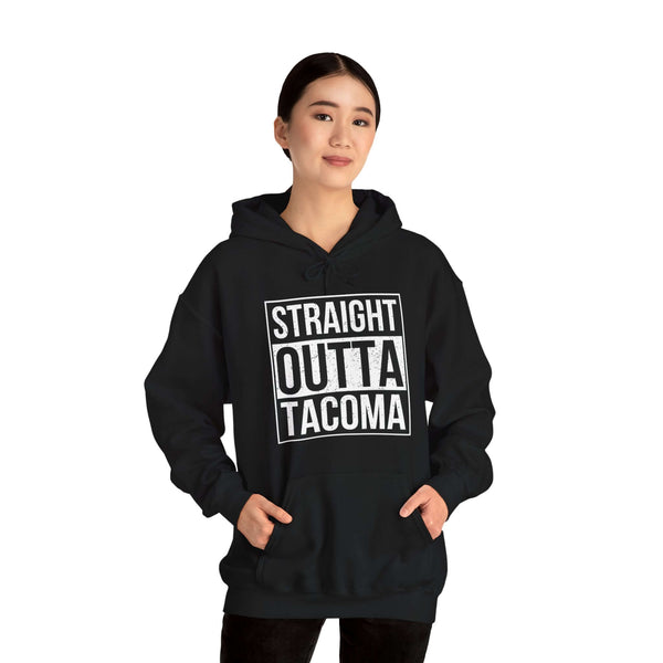 Person wearing a "Straight Outta Tacoma" hoodie representing local pride and streetwear style.