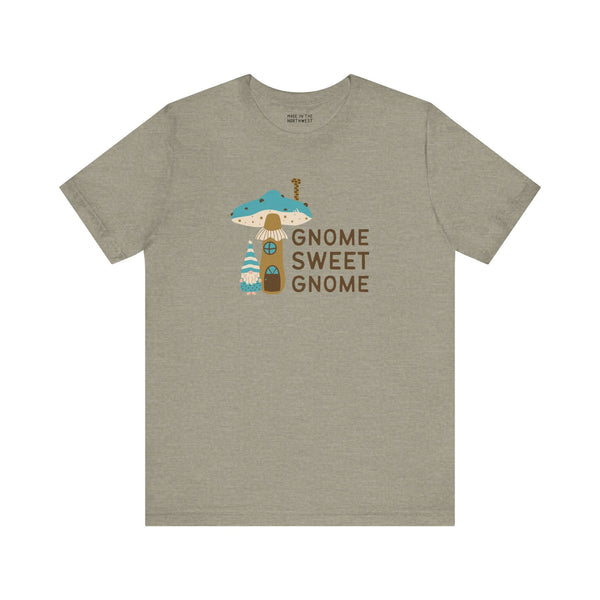 Gnome Sweet Gnome Premium Soft Tee featuring a gnome and mushroom design, perfect for woodland whimsy lovers.