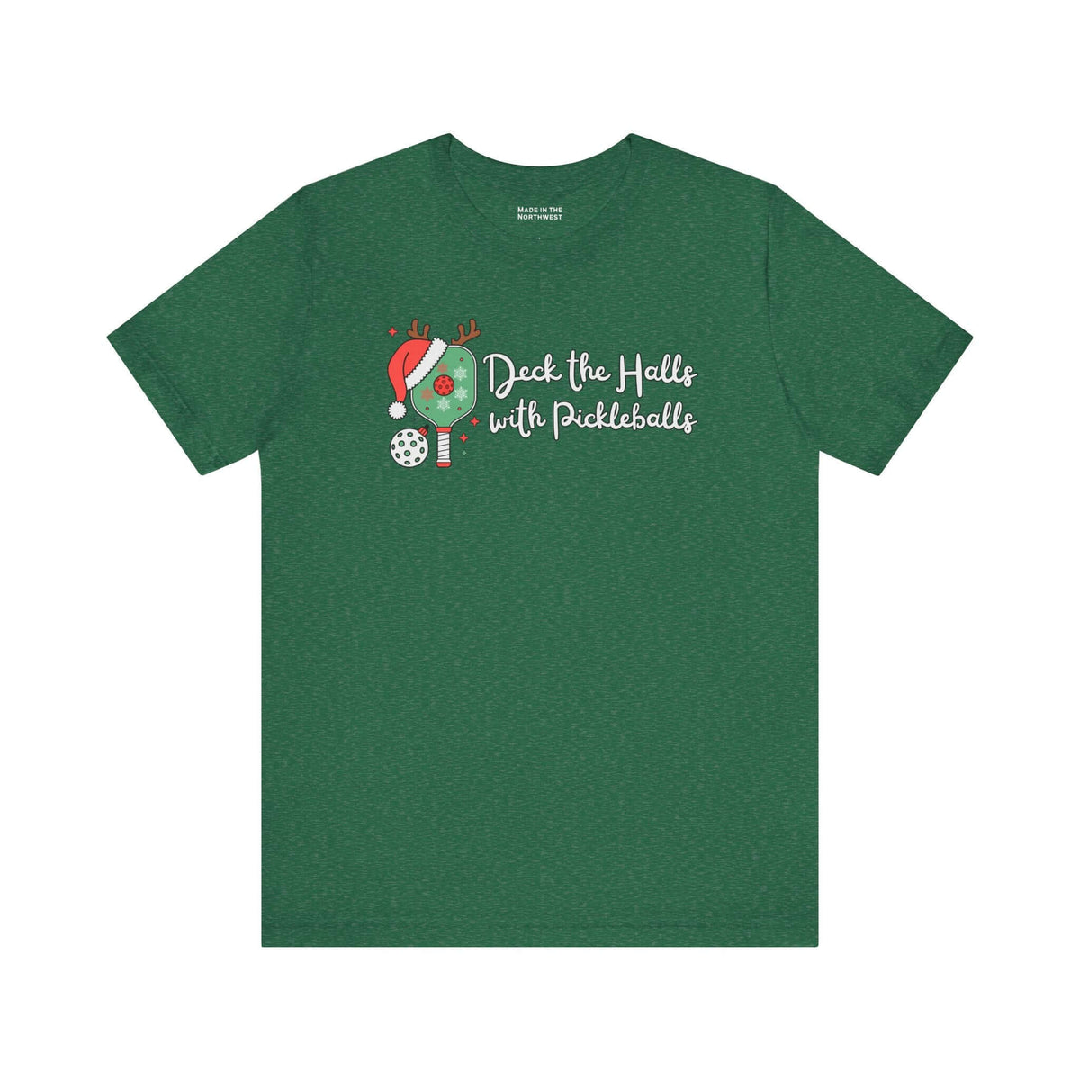 Deck the Halls with Pickleballs T Shirt featuring a festive wreath and Santa hat design.