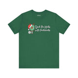 Deck the Halls with Pickleballs T Shirt featuring a festive wreath and Santa hat design.