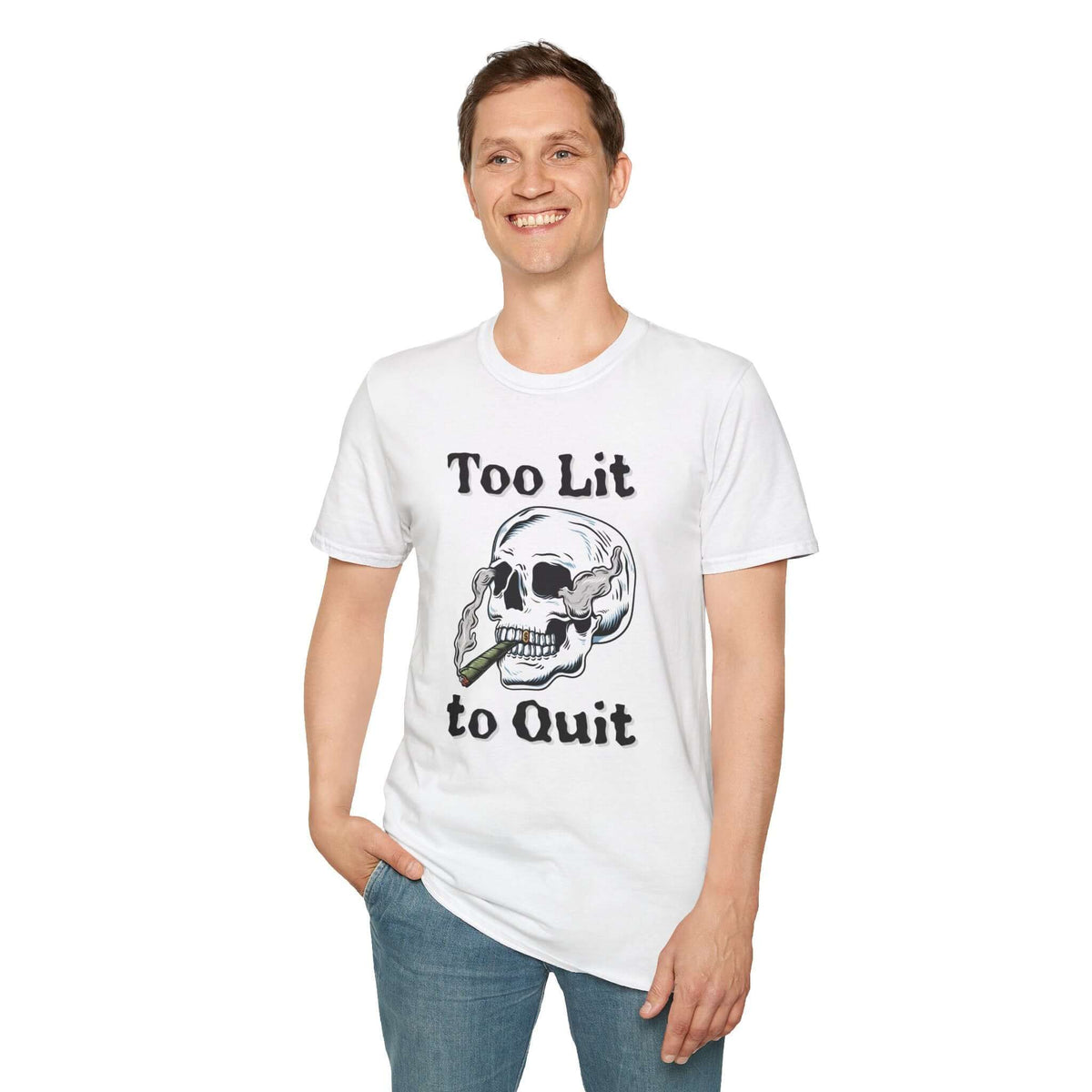 Too Lit to Quit weed smoking t-shirt features a graphic skull, perfect for relaxed vibes and cannabis enthusiasts.