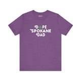 Purple Dope Spokane Dad soft tee featuring a playful marijuana leaf in place of the 'O' in Dope.