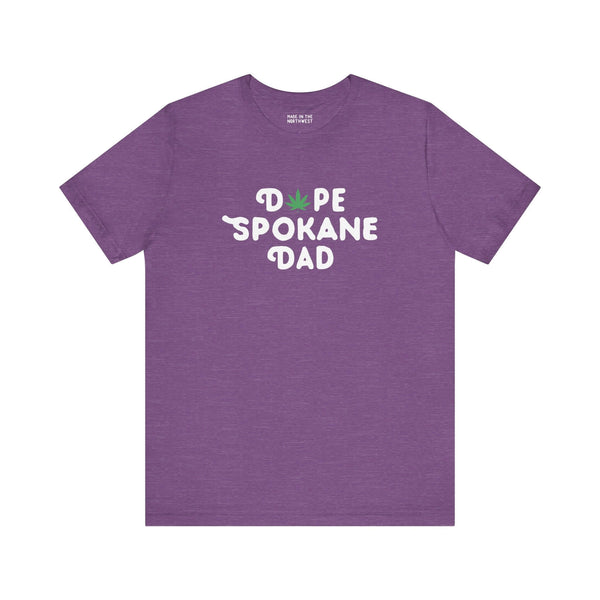 Purple Dope Spokane Dad soft tee featuring a playful marijuana leaf in place of the 'O' in Dope.