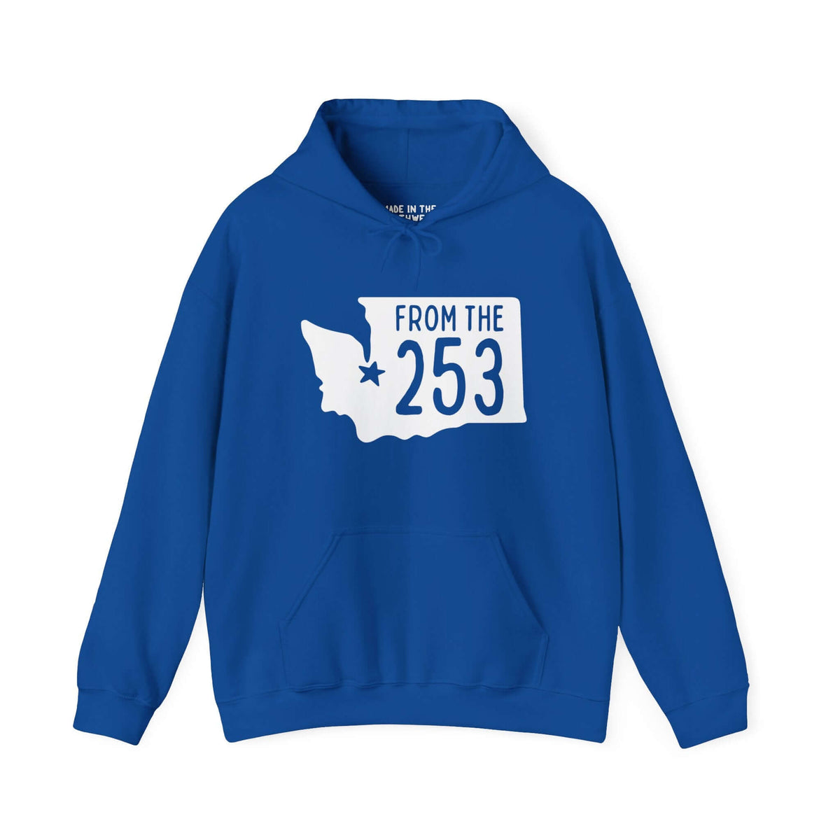 Blue hoodie with "From the 253" text and Washington state silhouette, star marking Tacoma, showcasing local pride.