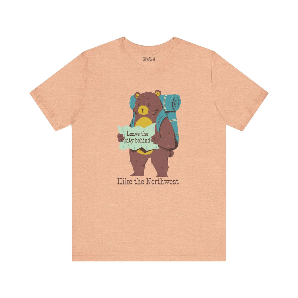 Bear's Big Northwest Adventure tee with a bear holding a map and backpack, perfect for outdoor-loving kids and hiking enthusiasts.