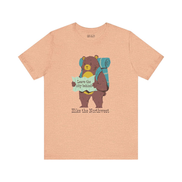 Bear's Big Northwest Adventure tee with a bear holding a map and backpack, perfect for outdoor-loving kids and hiking enthusiasts.