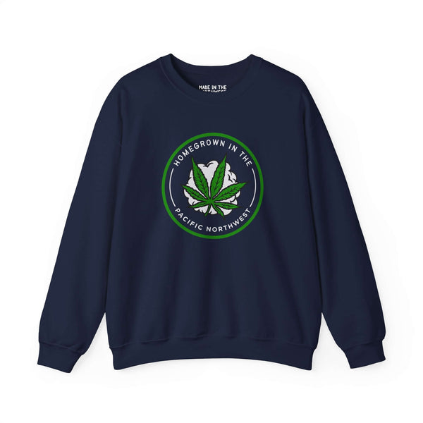 Homegrown Vibes PNW Edition sweatshirt featuring bold marijuana leaf design, perfect for celebrating Pacific Northwest culture.