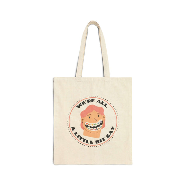 We're All a Little Bit Gay tote bag featuring playful design and bold text on canvas.