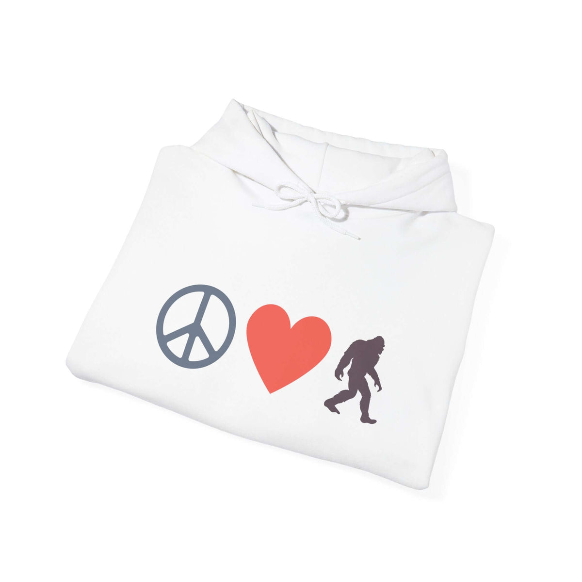 Peace, Love, and Bigfoot hoodie design featuring peace sign, heart, and Bigfoot silhouette.