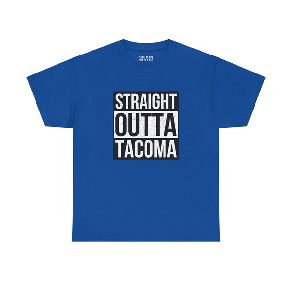 Blue "Straight Outta Tacoma" athletic tee with bold block lettering, showcasing Tacoma pride in a streetwear-inspired design.