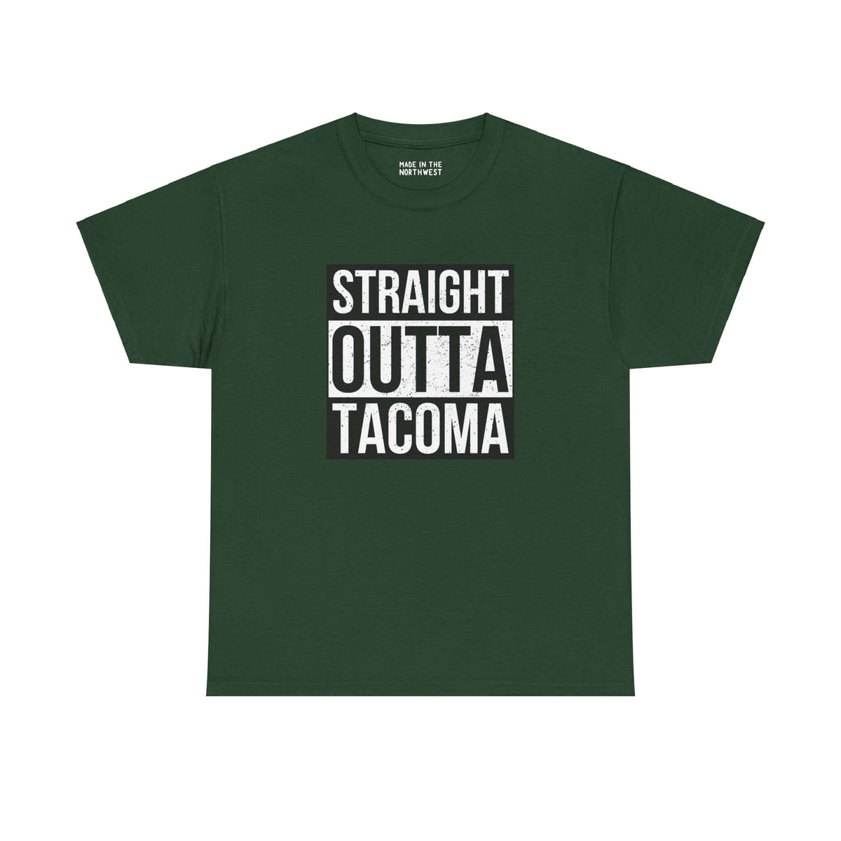 Green "Straight Outta Tacoma" athletic tee, featuring bold white text design, inspired by classic streetwear.