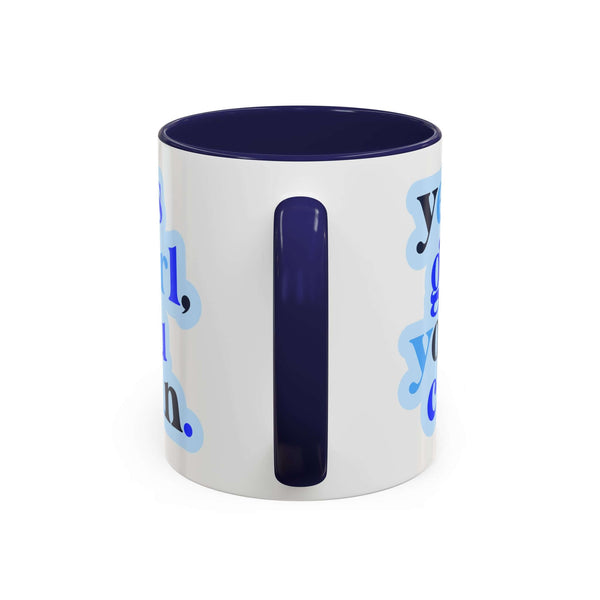 Yes Girl You Can Mug featuring playful blue typography on a white ceramic body with a deep blue interior and handle.