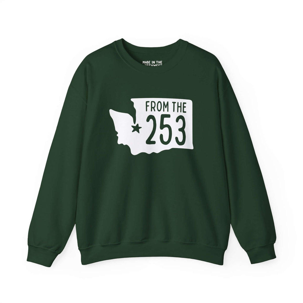 "From the 253 sweatshirt with Washington state silhouette and Tacoma star design"