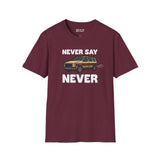 Never Say Never Vintage Van Softstyle T-Shirt featuring a classic Dodge Caravan graphic on a maroon background.
