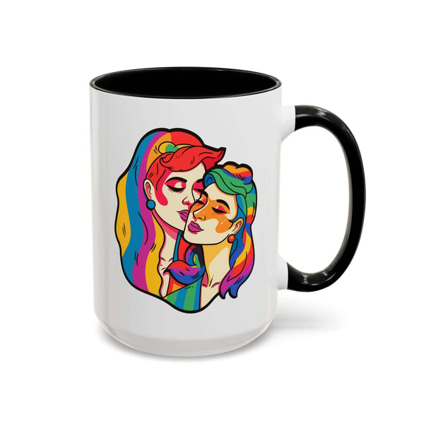 Pride Lesbian Couple Mug featuring vibrant artwork of two women with rainbow hair in a loving embrace.
