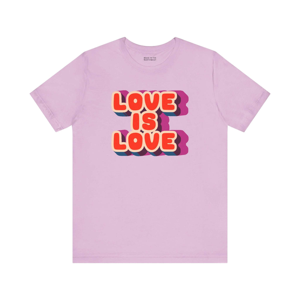 Love Is Love T Shirt in pastel purple with colorful retro lettering design, celebrating pride and positivity.