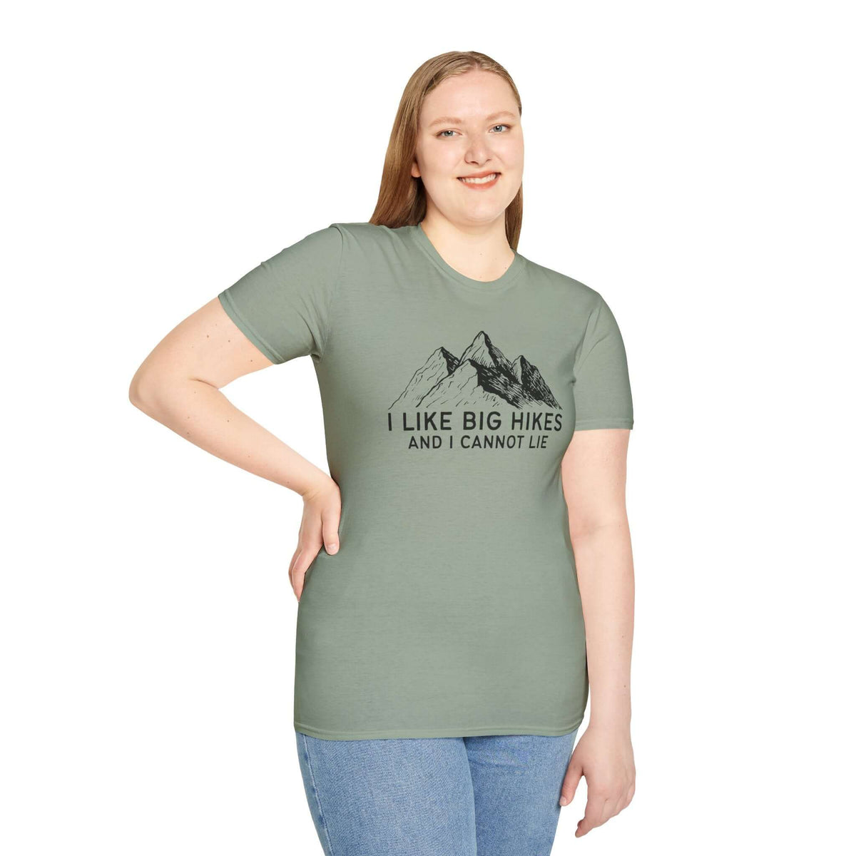 I Like Big Hikes and I Cannot Lie T Shirt displayed on a model, highlighting a humorous hiking design.