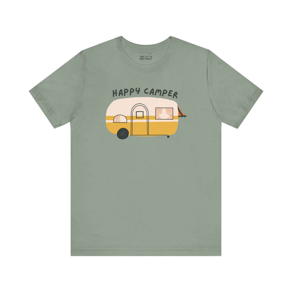 Happy Camper Adventure tee featuring a cute vintage camper design, ideal for road trips and camping love.