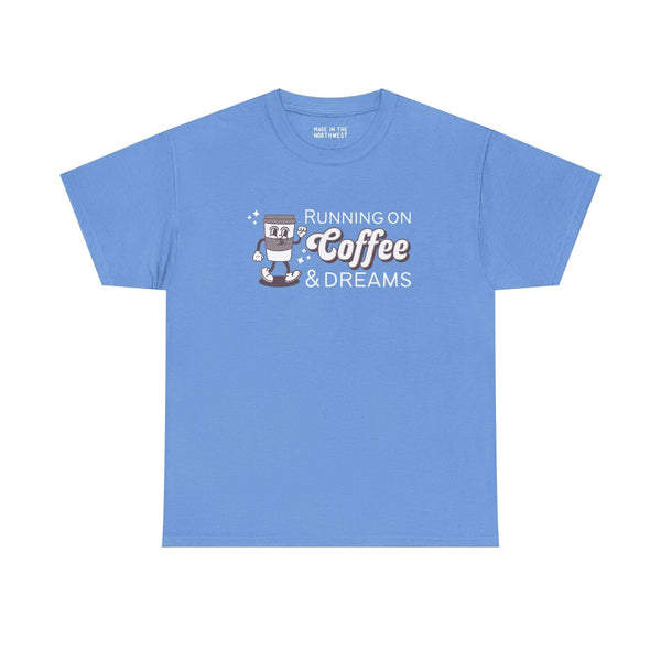 Light blue 'Running on Coffee and Dreams' athletic tee with vintage coffee cup illustration.
