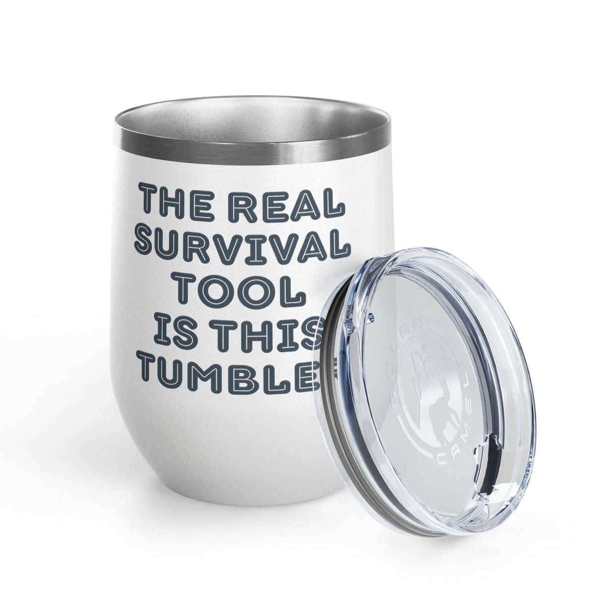 The Real Survival Tool Camping Wine Tumbler 12 oz with lid, perfect for enjoying drinks outdoors.