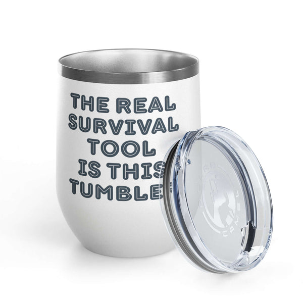 The Real Survival Tool Camping Wine Tumbler 12 oz with lid, perfect for enjoying drinks outdoors.