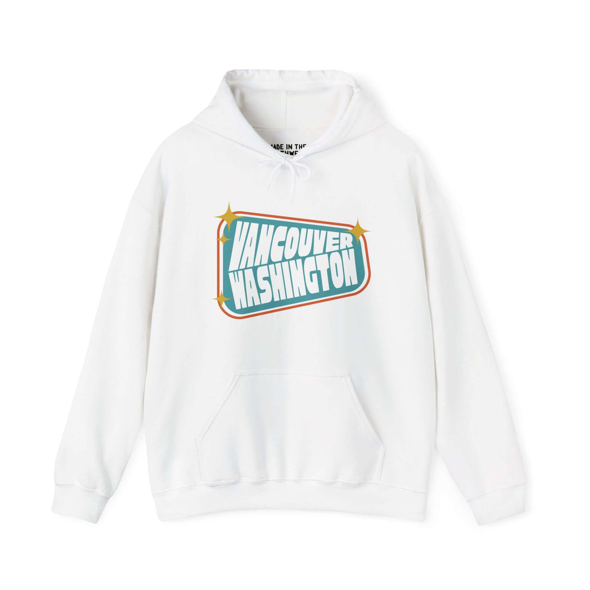 Retro Roadside Vancouver Sign Hoodie in white with vintage 50s-inspired design and bold colors.