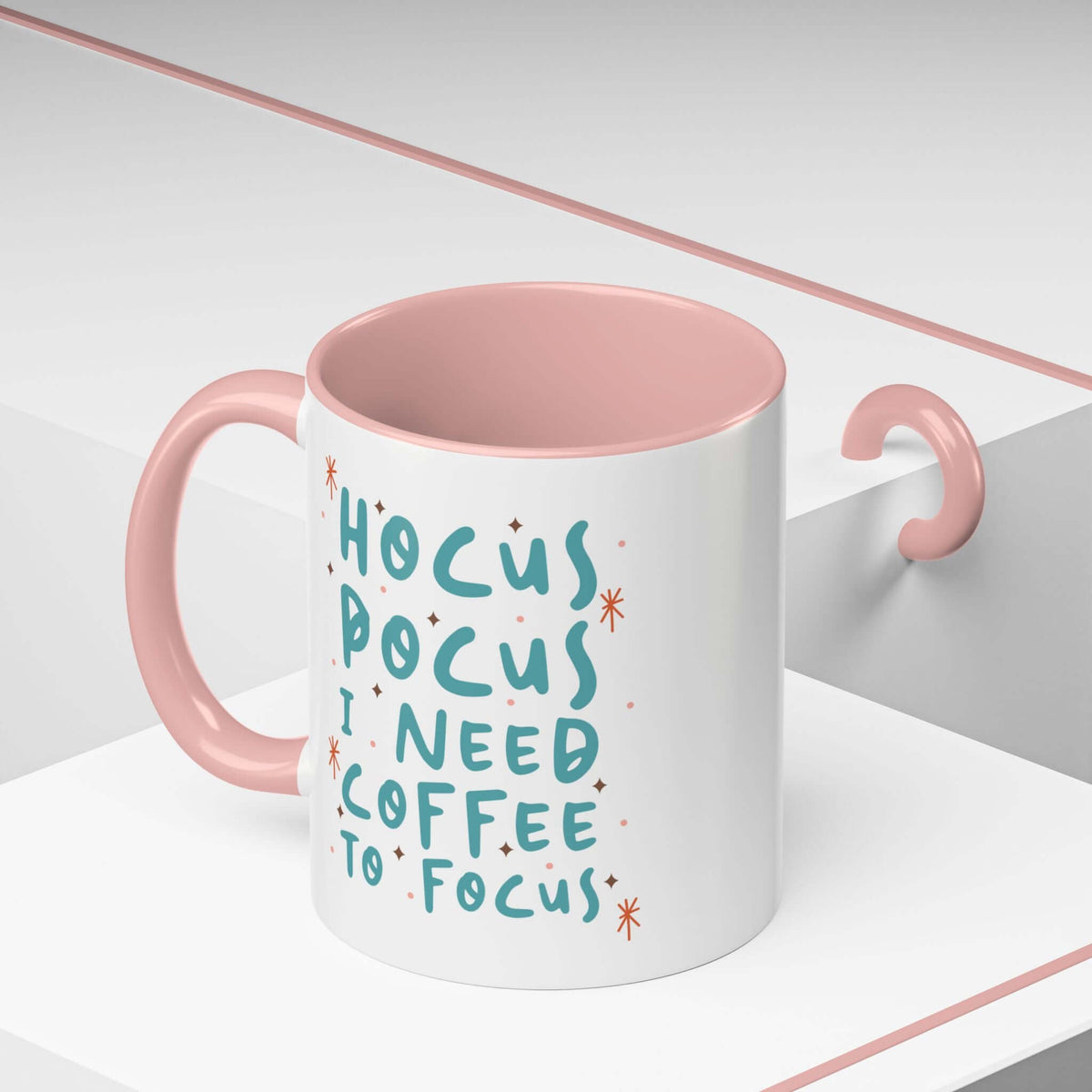 Hocus Pocus I Need Coffee To Focus mug with playful lettering and pink interior