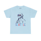 Light blue Seattle tee with George Washington wearing USA sunglasses, perfect for Fourth of July celebrations.