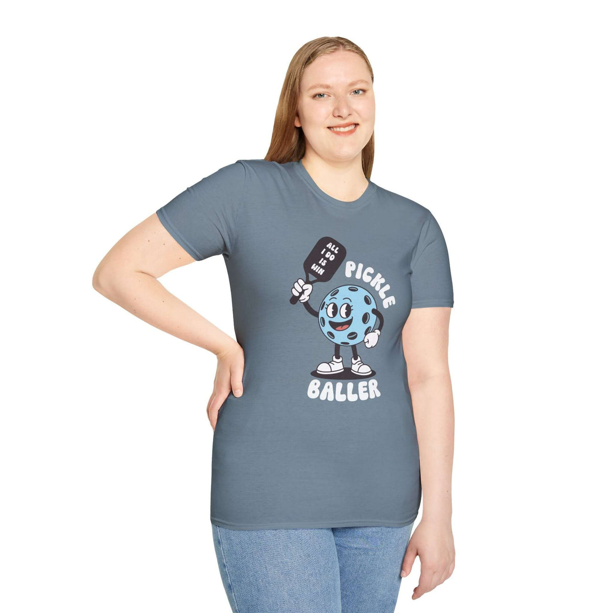 Pickle baller t shirt featuring a playful pickle character holding a sign, perfect for casual wear and pickleball enthusiasts.
