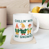 Chillin With My Gnomies Mug featuring whimsical gnome designs in vibrant colors on a white ceramic mug.