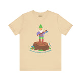 Say Hello to My Little Friend premium soft tee featuring a gnome on a stump with an axe, playful humor and bold style.
