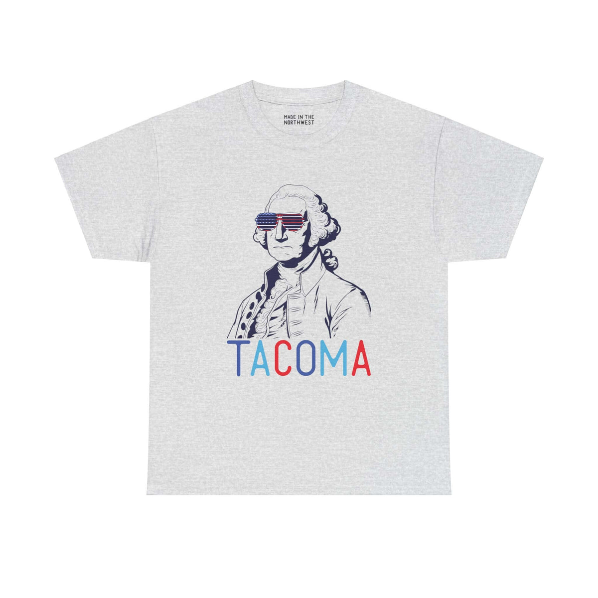 Patriotic George Washington Tacoma tee with USA sunglasses, perfect for Fourth of July celebrations.