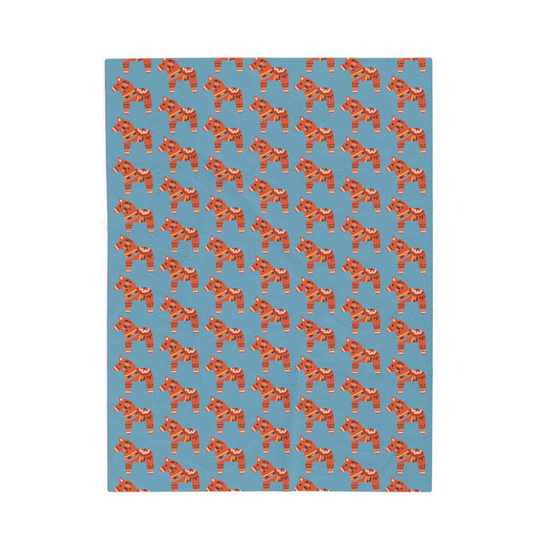 Dala Horse Blanket – Scandi Spirit Lightweight Cozy Throw with colorful horse pattern on a blue background.