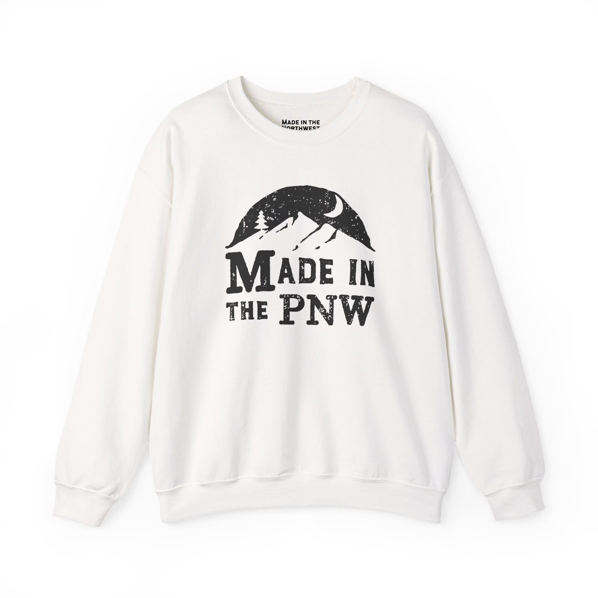 Made in the PNW sweatshirt featuring a distressed mountain design on a white crewneck.